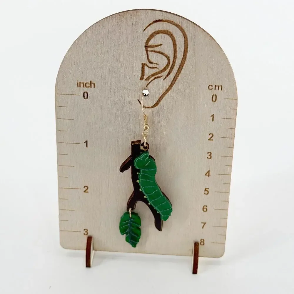 Caterpillar with Leaf Wooden Dangle Earrings, Caterpillar Earrings, Bug Earrings